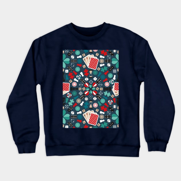 Wanna play? // pattern // blue background teal red mint brown black and white game pieces Crewneck Sweatshirt by SelmaCardoso